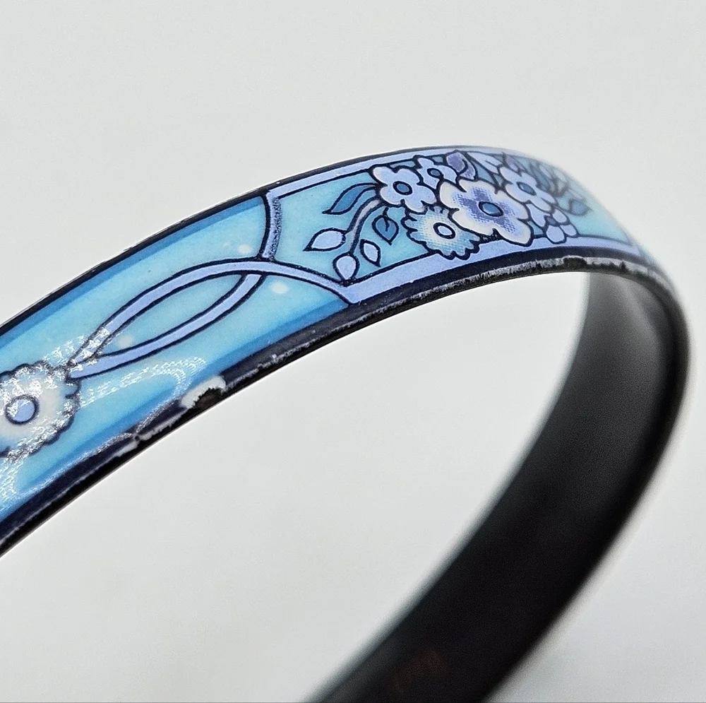 VINTAGE Michaela Frey Blue Floral Enamel Bangle Bracelet Made in Austria